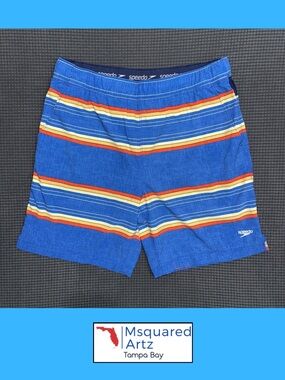 Speedo Mens Swim Trunks Blue Striped Compression Lined Shorts Size M